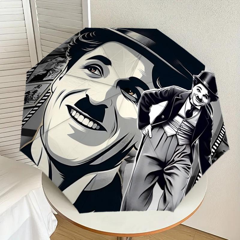 1 Stück Charlie Chaplin Filmstreifen Automatischer Faltregenschirm, Tragbares faltbares Design, Lässiges Outdoor-Accessoire L1127056