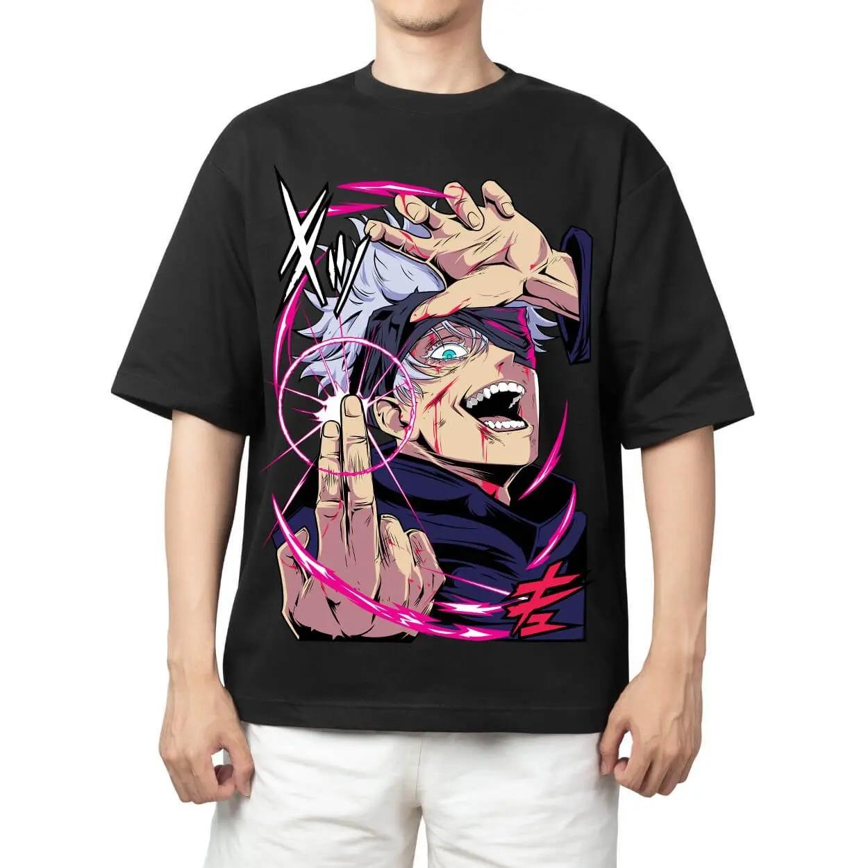 

Jujutsu Kaisen Satoru Gojo Hollow Purple Anime Black Comfortable Fashion Vintage Double-Sided Band Graphic Print Women And Men T-shirts 4XL