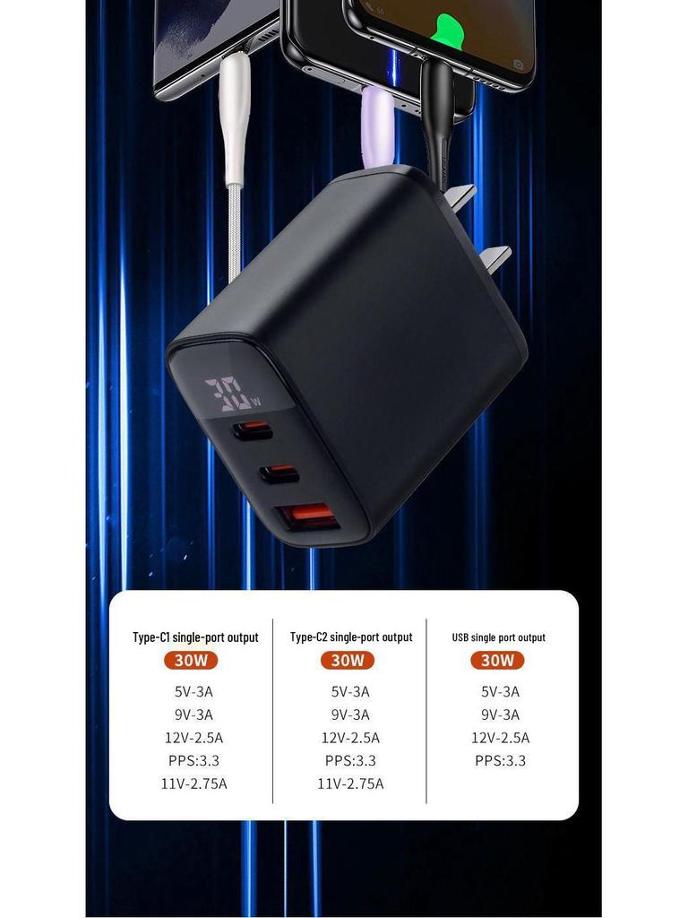 30W Triple-Port Fast Charger with Digital Display for Apple 15 Pro - Dual USB-C and USB Ports
