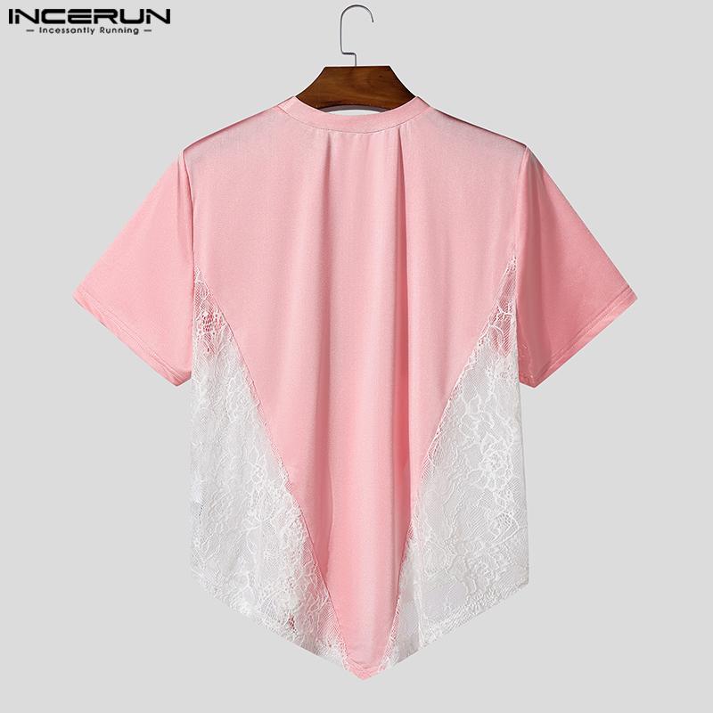 INCERUN Men O Neck Short Sleeve Letter Print Lace Patchwork Irregular Tops T-shirts