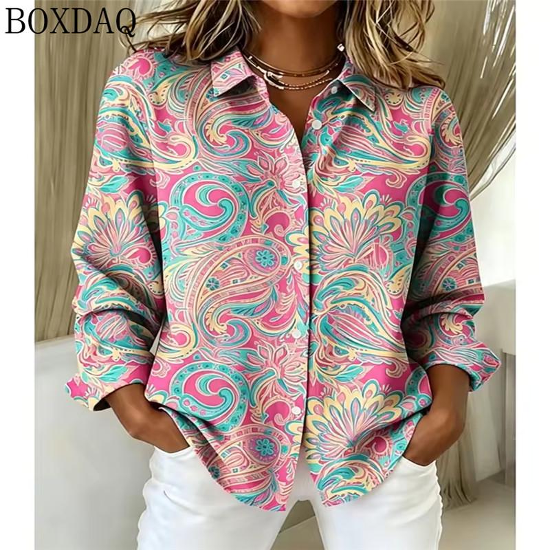 Autumn women's blouse with floral pattern printed long sleeved button down lapel shirts, loose and casual daily women's clothing