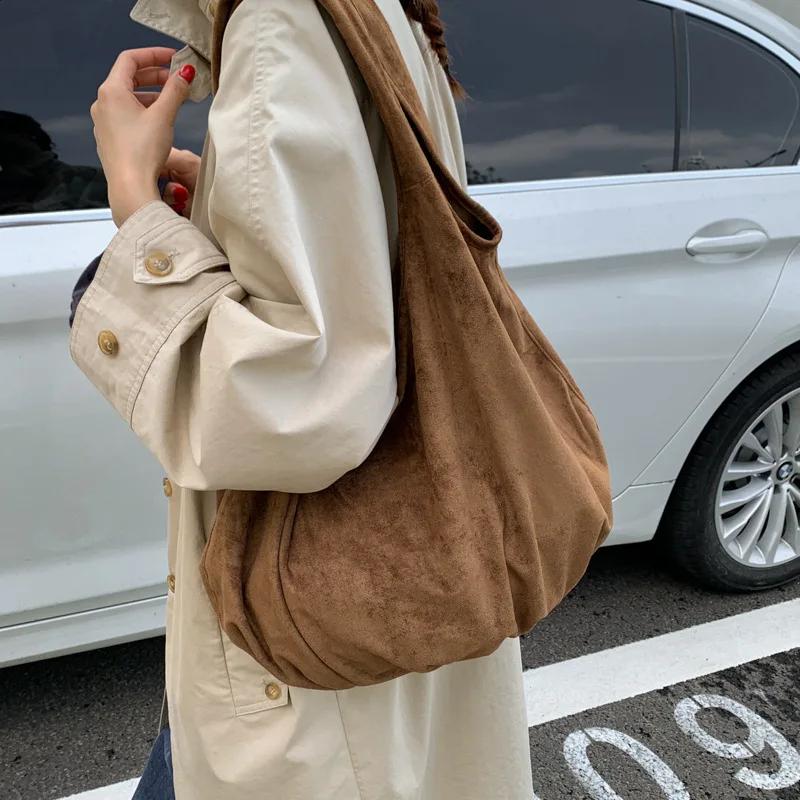 

Retro Large Capacity Suede Tote Bag for Women Simple Solid Color Ladies Velvet Shoulder Bags Versatile Portable Female Handbags коричневий