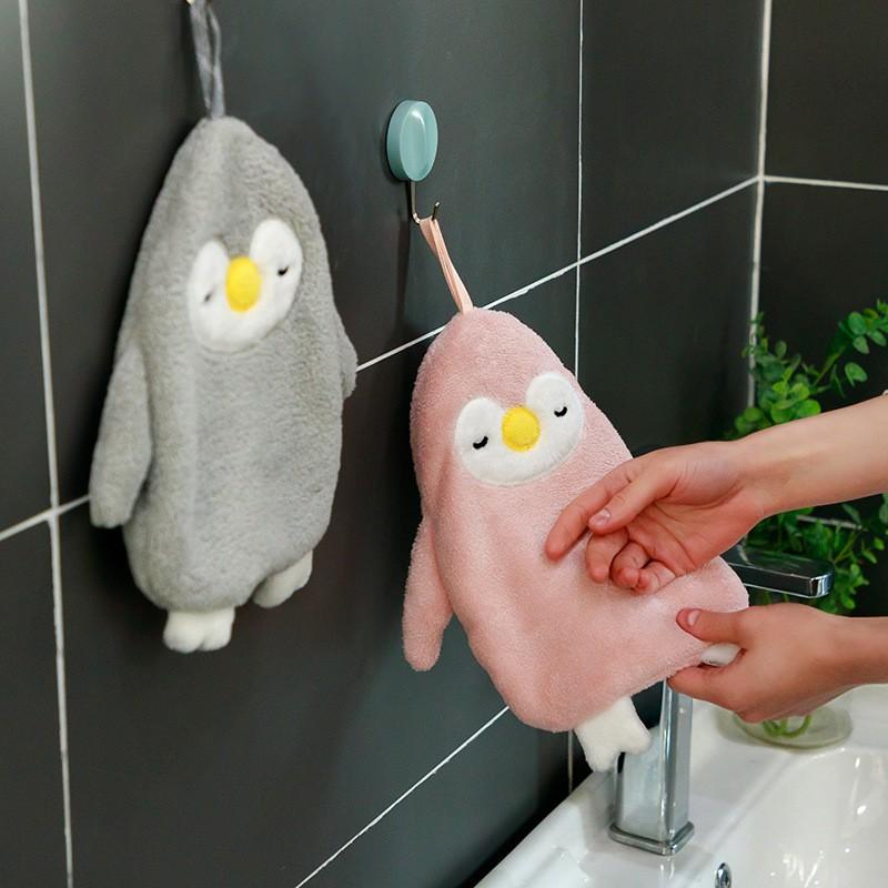 Cute Penguin Hanging Towel Coral Fleece Hand Drying Kitchen Bathroom Decorative Washable Microfiber