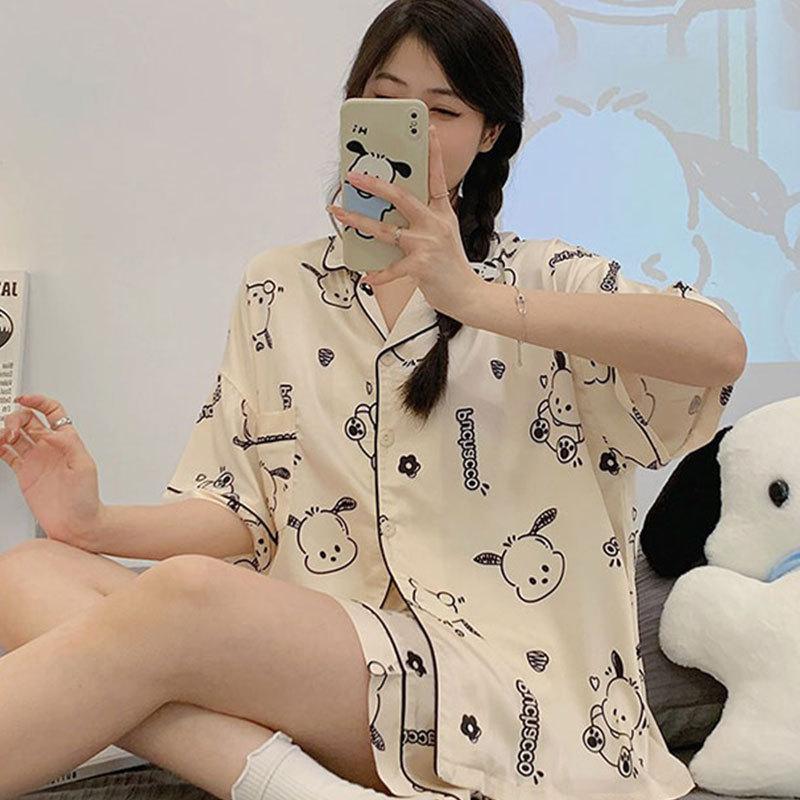 GMXIA High-quality Cotton-like Cute Cardigan Short-sleeved Student Pajamas for Women, Sweet Summer Style for Women's Home Wear