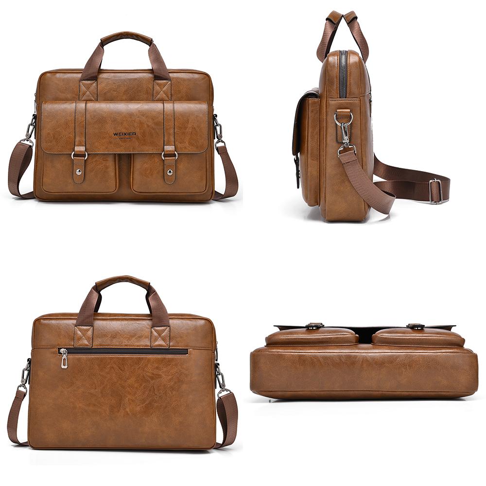 WEIXIER Men's Leather Briefcase 15.6 Inch Laptop Computer Bag Large Satchel Messenger Crossbody Shoulder Bag for Office Business Adjustable Strap