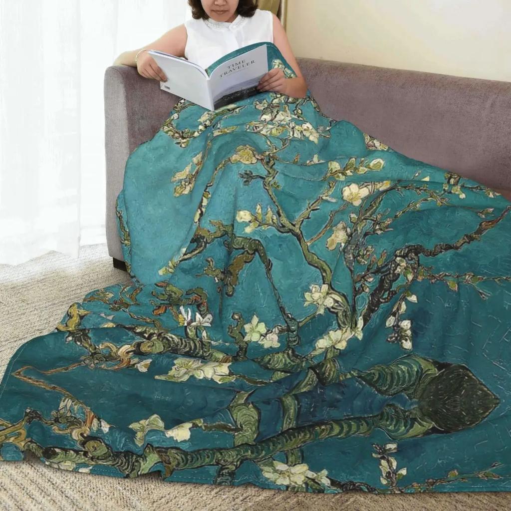 Original Gogh Art Restored Blossoming Almond Tree Blankets Flannel Super Soft Throw Blankets for Bed Bedspread