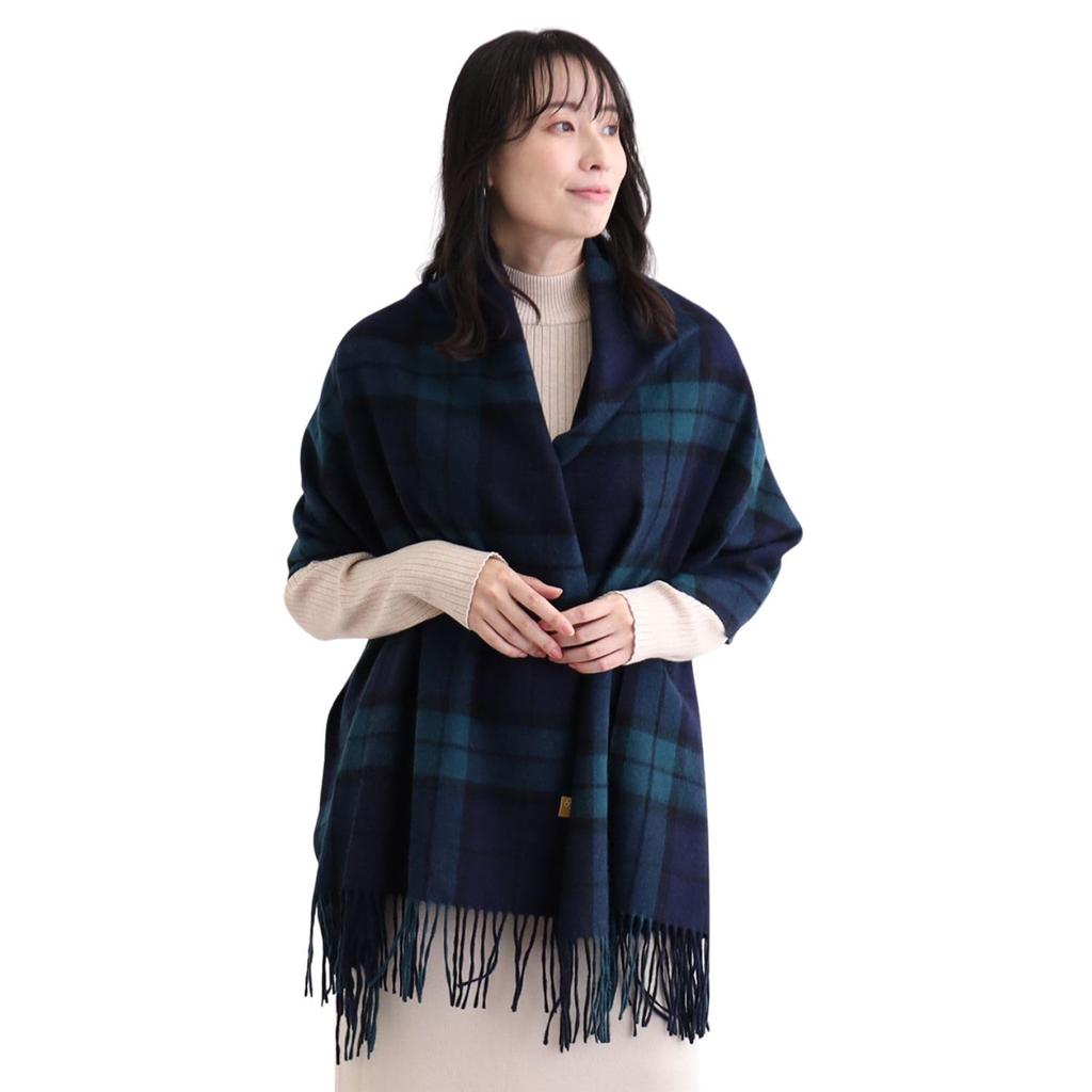 Moonbat miel Cashmere Cashmere Check 60cm Wide x 190cm Warm for Gift for Cashmere Navy 100% Scarf, Women's, Washable, Large, Thick, Stole, Pattern,
