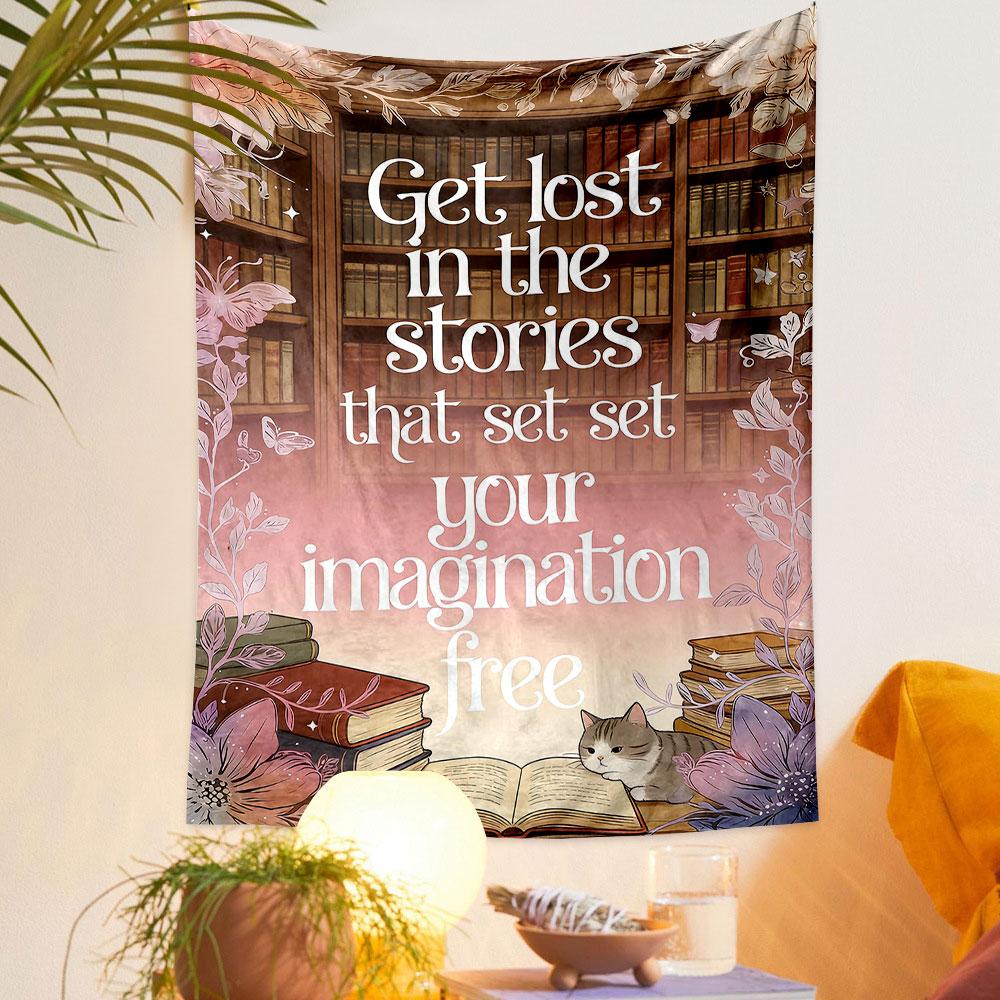 Get Lost in Stories with Cat & Books Patterned tapestry home decor, suitable for bedroom and living room, gift