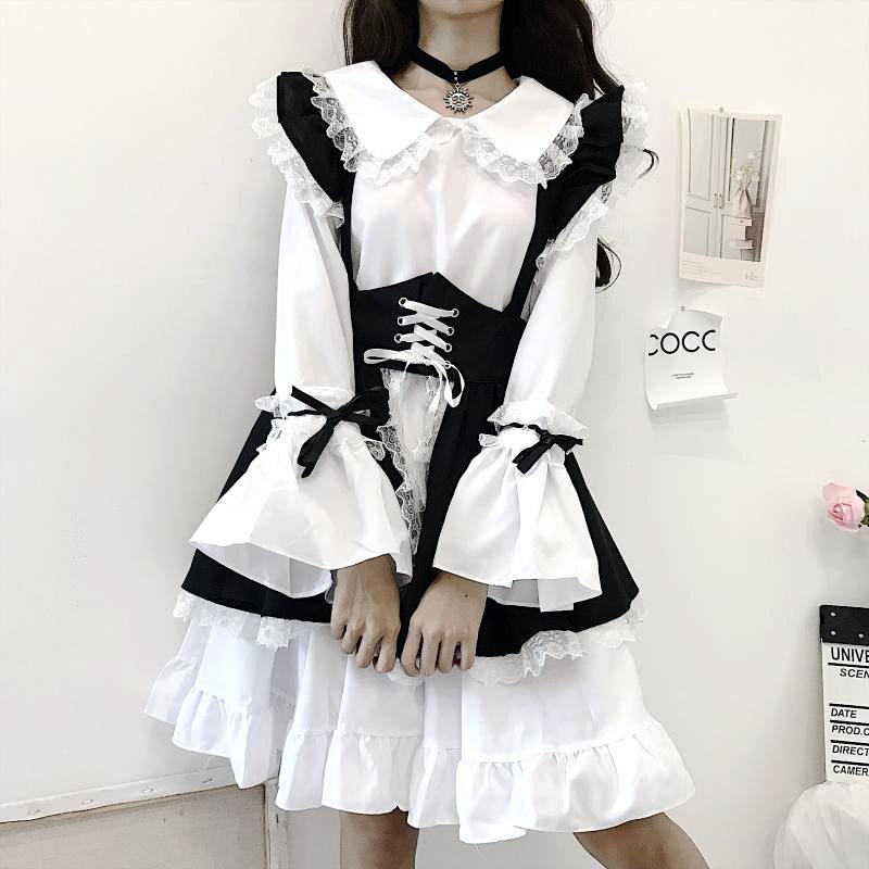 S-4XL cute maid black and white with girl dress women's boss set