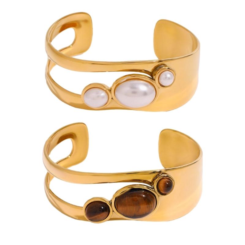 Irregular Open Cuff Pearls Bracelet Stainless Steel Wristchain Adjustable Bangle Geometric Jewelry Festival Accessories