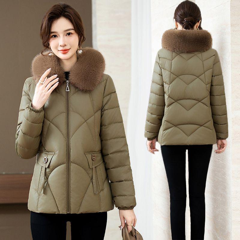 Women'S Jacket with Faux Fur Collar - Quilted Polyester Coat, Long Sleeve,Solid Color, Short Length - Casual Winter Outerwear