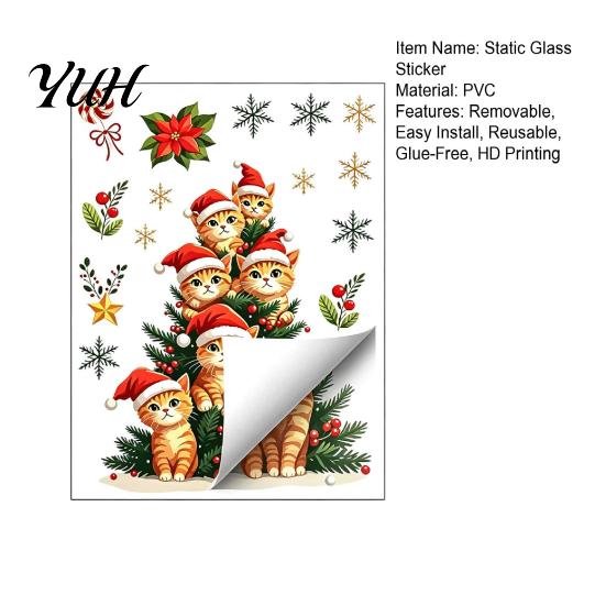Glass Door Decorations Christmas Static Window Clings, Orange Cat Tree Stickers, Santa Hat Kitten Stickers Xmas Decals, Reusable Festive Holiday Decor