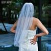 All Over Scattered Pearl Sheer Tulle Bridal Veil, Single Layer Plain Ivory Wedding Veil For Lace Satin Gown Pre-Wedding Elopement Portrait Shoot