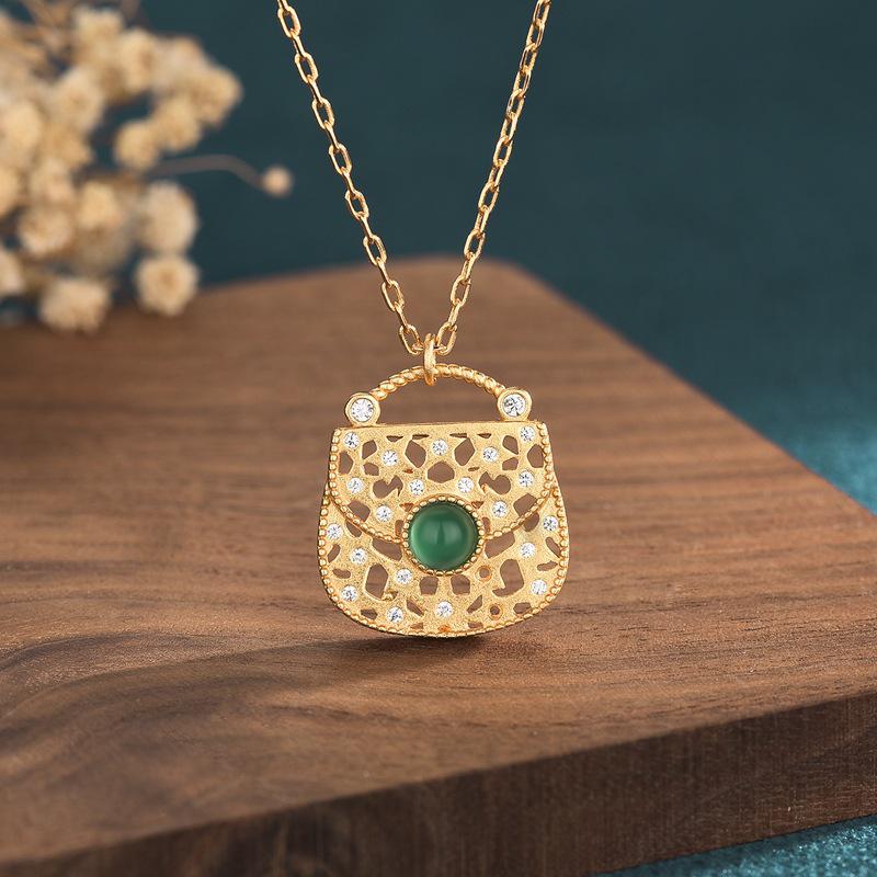 

Elegant Gilt Copper Pendant Necklace with Green Chalcedony and Full Diamond Inlay