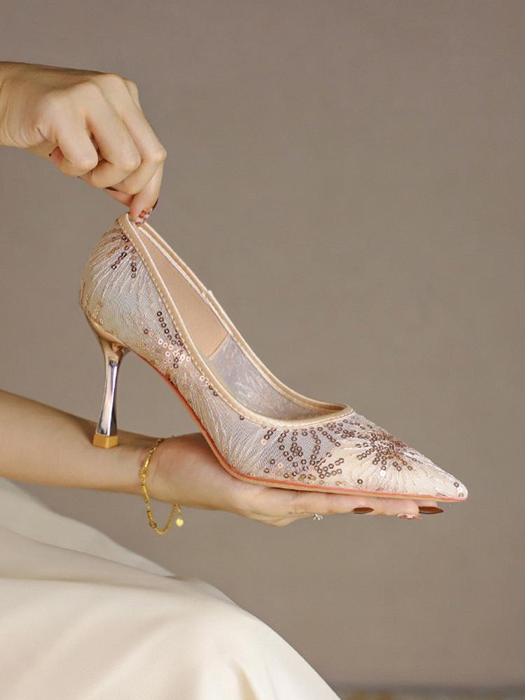 Fashion 2025 New Style Sparkling Mesh High Heels Women's Pointed Shallow Mouth Fine Single order Shoes Versatile Wedding Shoes