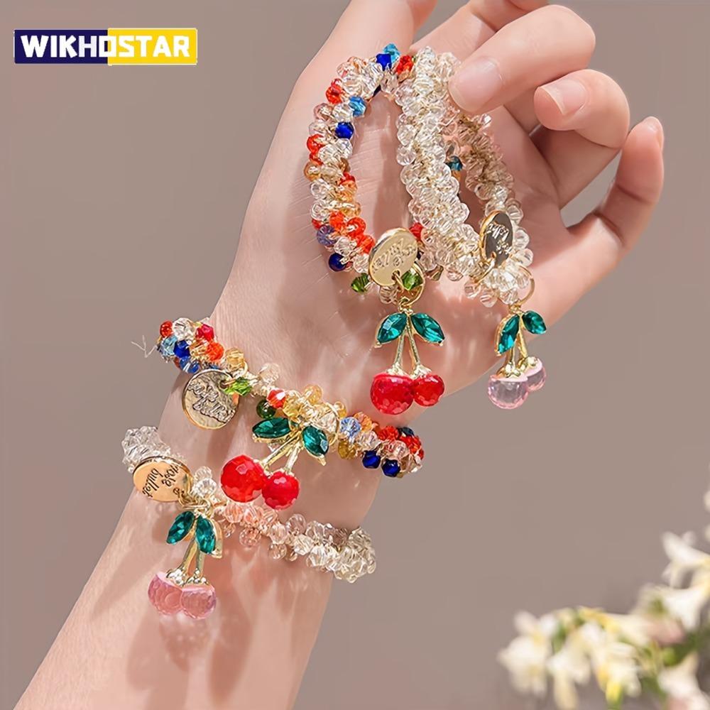 1pc Colorful Crystal Cherry Hair Rope Sweet Rhinestone Hair Ring High Elastic Headband Bracelet Dual Use Tendon Headwear