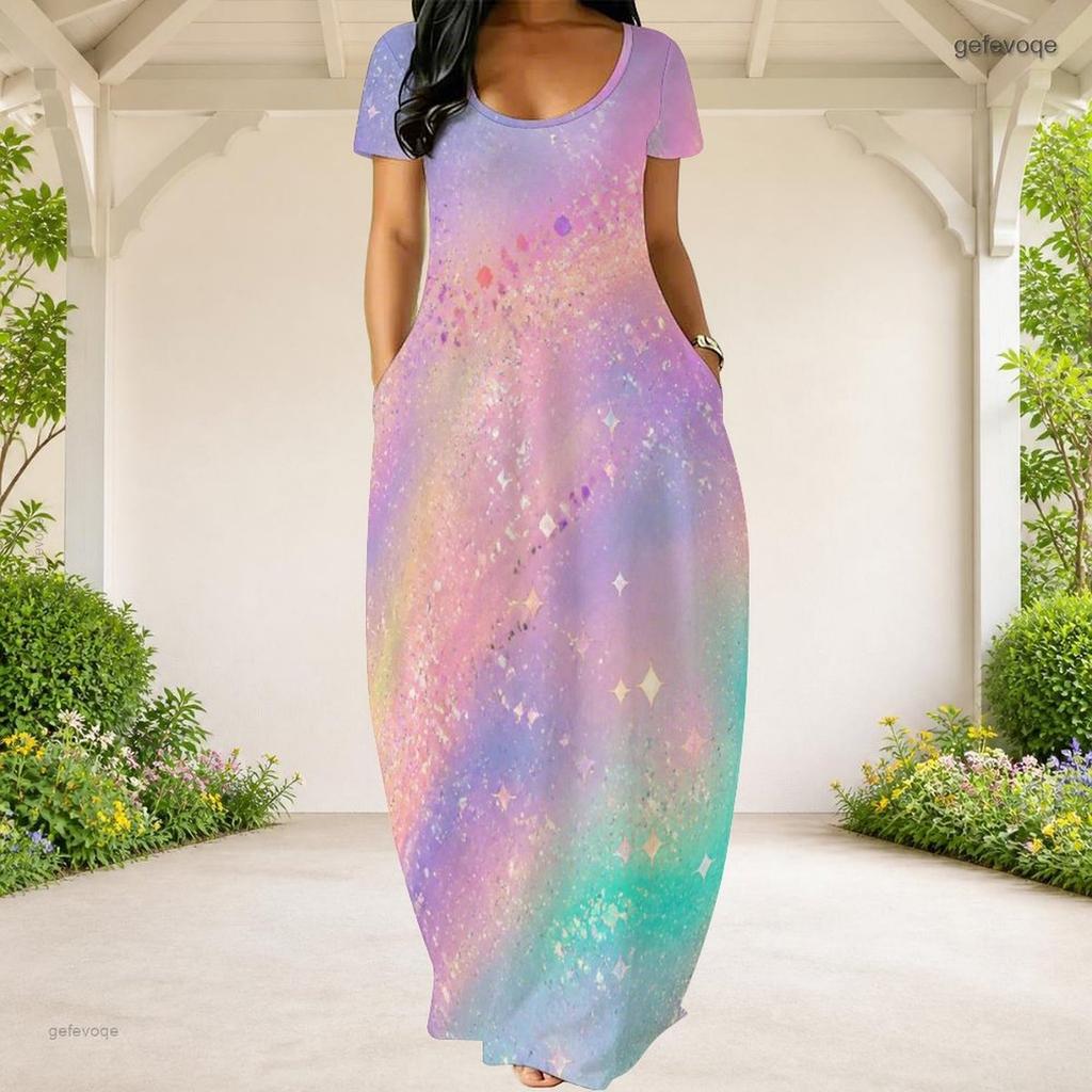 Women Plus Size Round Neck Short Sleeve Galaxy Printed Loose Maxi Dress With Side Pockets