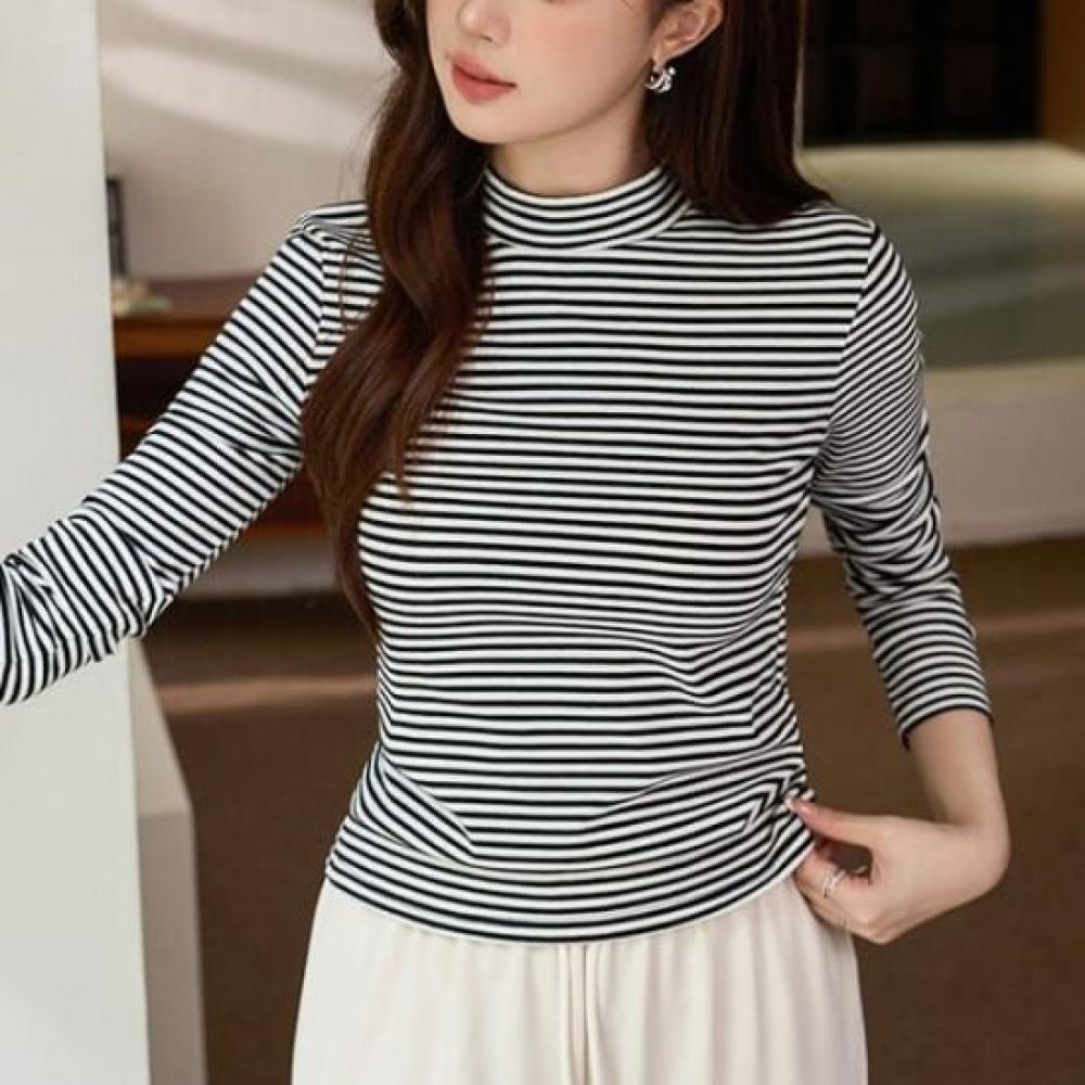 Navava Women S STripe Half Polo Long Sleeve T ShirT nT3001