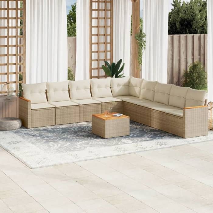 VidaXL Salon de Jardin avec Coussins 10 pcs, Canapés de Terrasse, Ensemble de Meubles de Patio, Mobilier d'Extérieur, Beige 3258467
