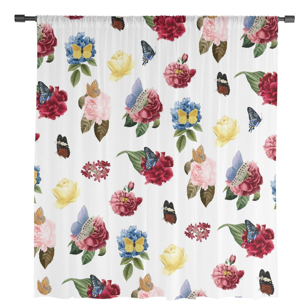 Colorful Flower Butterfly White Sheer Curtains for Living Room Decoration Window Curtains Kitchen Tulle Voile Organza Curtains