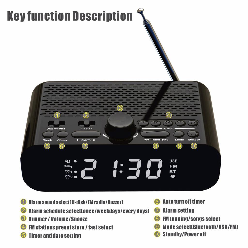 Mini FM Radio Portable Dual Alarm Clock FM Radios Receiver Wireless Bluetooth Speaker MP3 Music Player Support U Disk Play