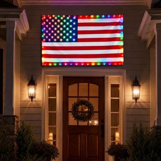 Flaga Amerykańska LED, 3x5 FT Wodoodporna Zewnętrzna Patriotyczna Flaga z Wielokolorowymi Lampkami LED na 4 Lipca, Dzień Pamięci, Dzień Weteranów Dekoracje