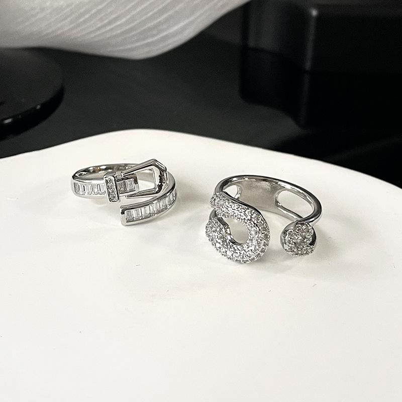 Women'S Daily Diamond Zircon Belt Buckle Ring Light Luxury Niche Design Pin Advanced Sense Opening Adjustable Ring