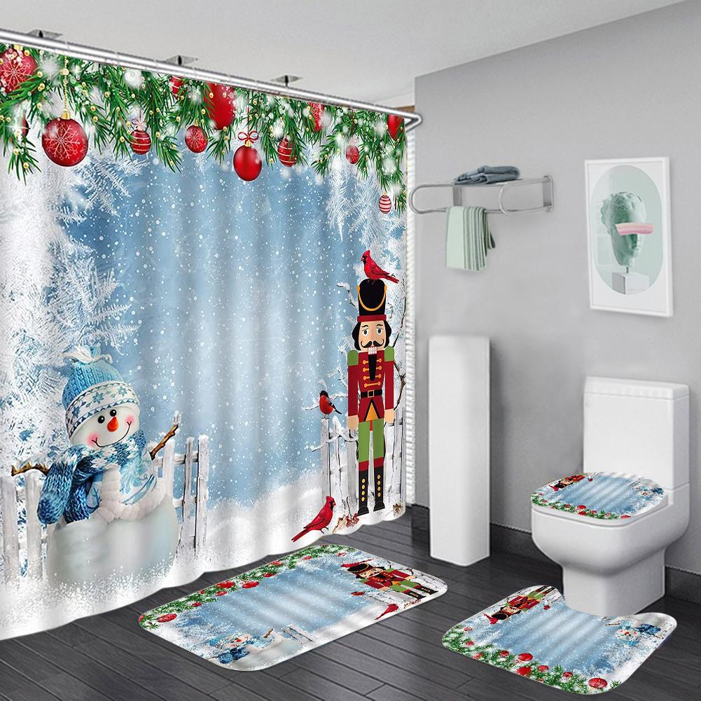 Merry Christmas Bathroom 4Pcs Set Snowman Santa Claus Pattern Waterproof Shower Curtain Toilet Cover Mat Non Slip Rug Home Decor