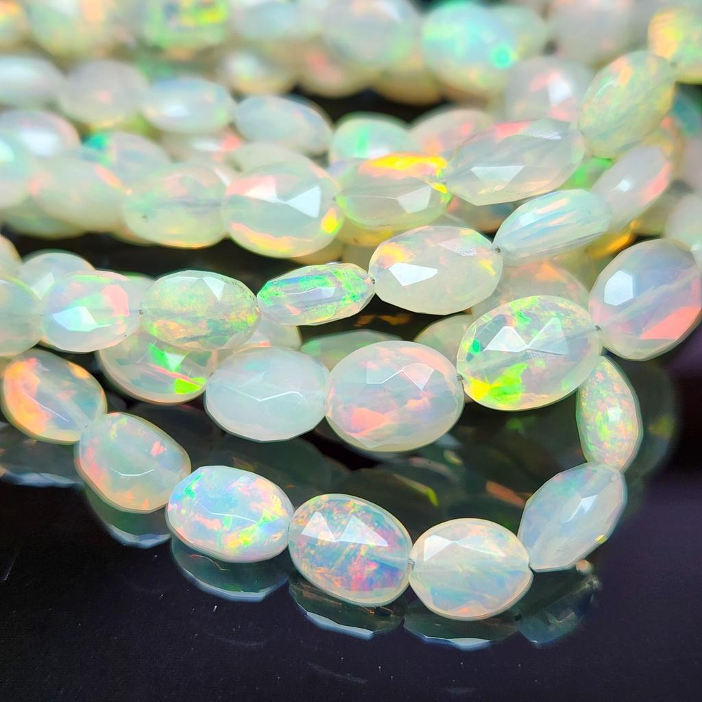 Natural White Faceted Multi Ethiopian Opal Maniya Beads, Multi Fire Gemstone Strand Beads.