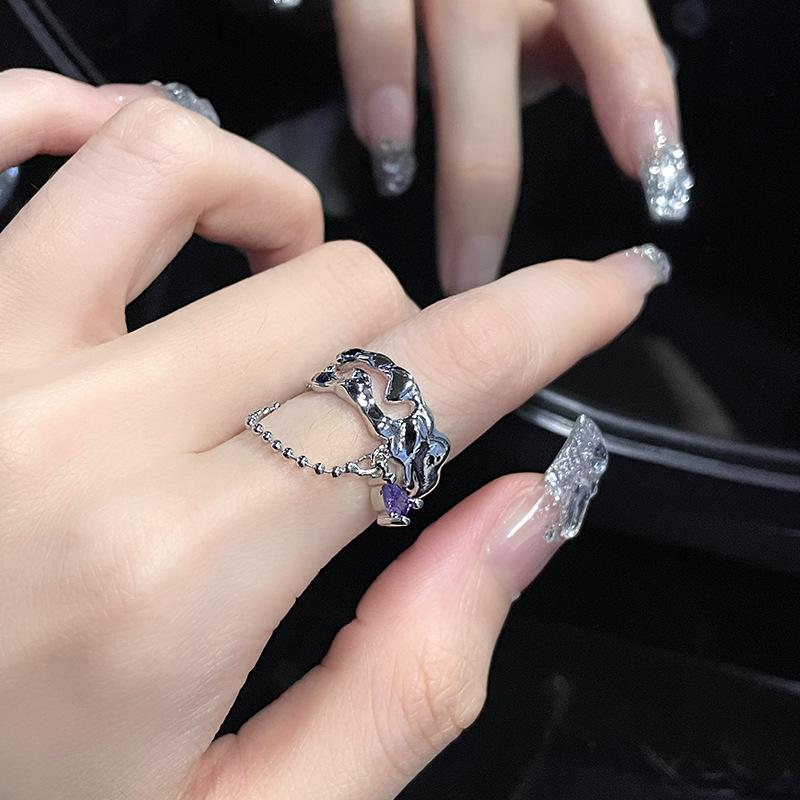 Niche Design Moonstone Chain Love Combination Stacked Open Ring Gemstone High Sense Ring Female Personality