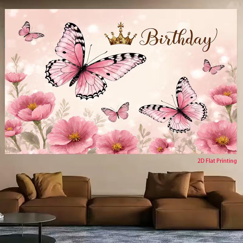 2D Princess Birthday Backdrop Pink Butterflies & Golden Crown Party Background Cloth