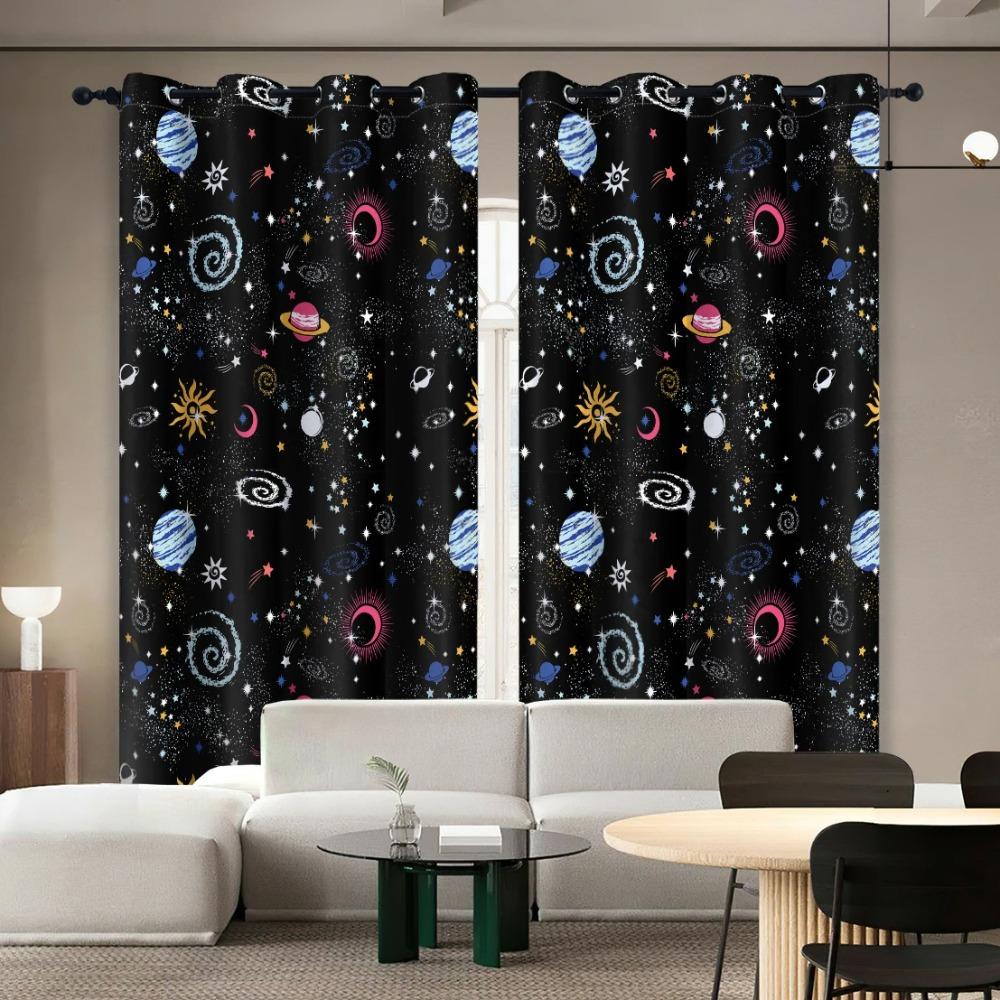 Adorable Astronaut Window Panel Drapes Spaceship Rocket Moon Eyelet Blackout Curtain Galaxy Star Outer Space Curtains for Kids Room Decor