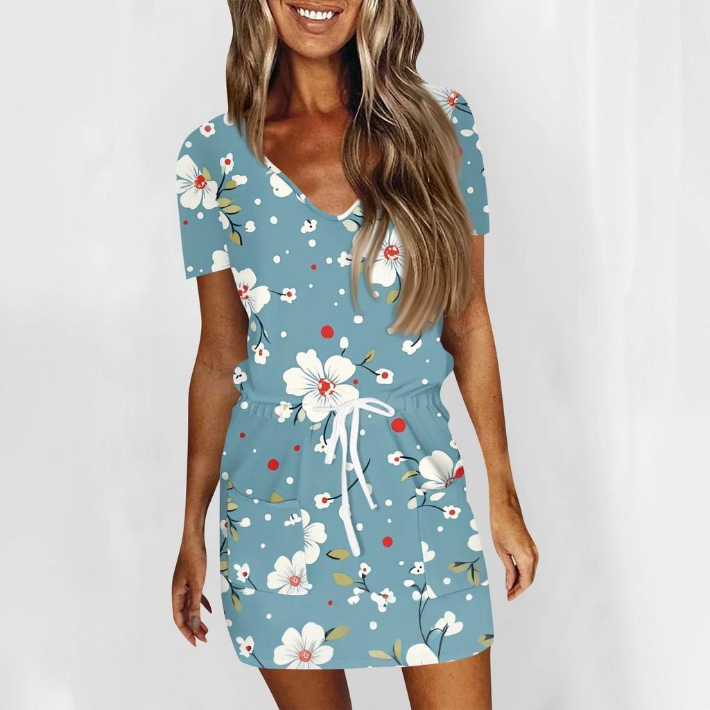 Women's Fashion Casual V-Neck Short Sleeve Drawstring Sequin Printed Dresses