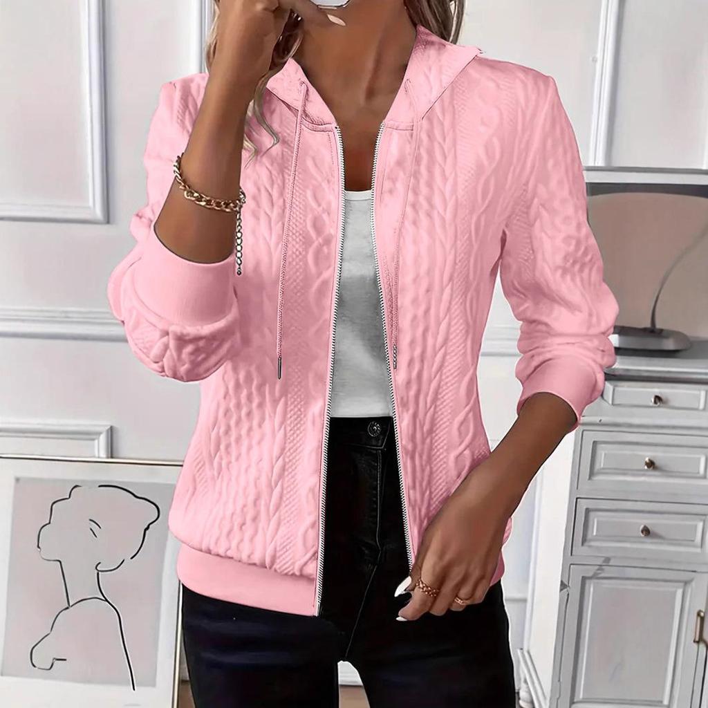 2025 Women's Solid Color Long Sleeve Knitted Hooded Zip-Up Jacket