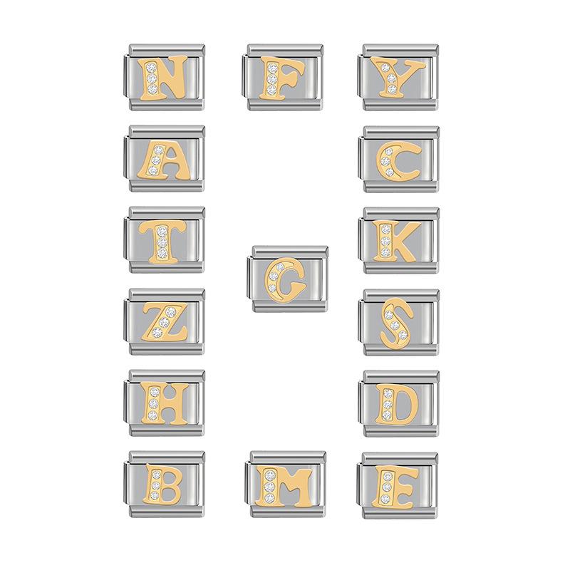 9MM Women's Italian Charm Bracelet Module with Detachable Diamond Letter and Elastic Watch Strap