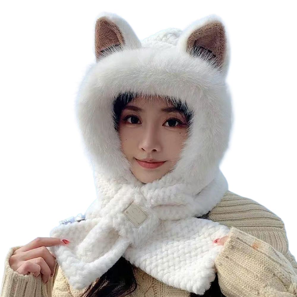 Lovely Beanie Hat Scarf Set Women Faux Fur Warm Winter Hat Neck Circle Scarf Ski Snow Hat Cap Bear Plush Hat Ear Protection
