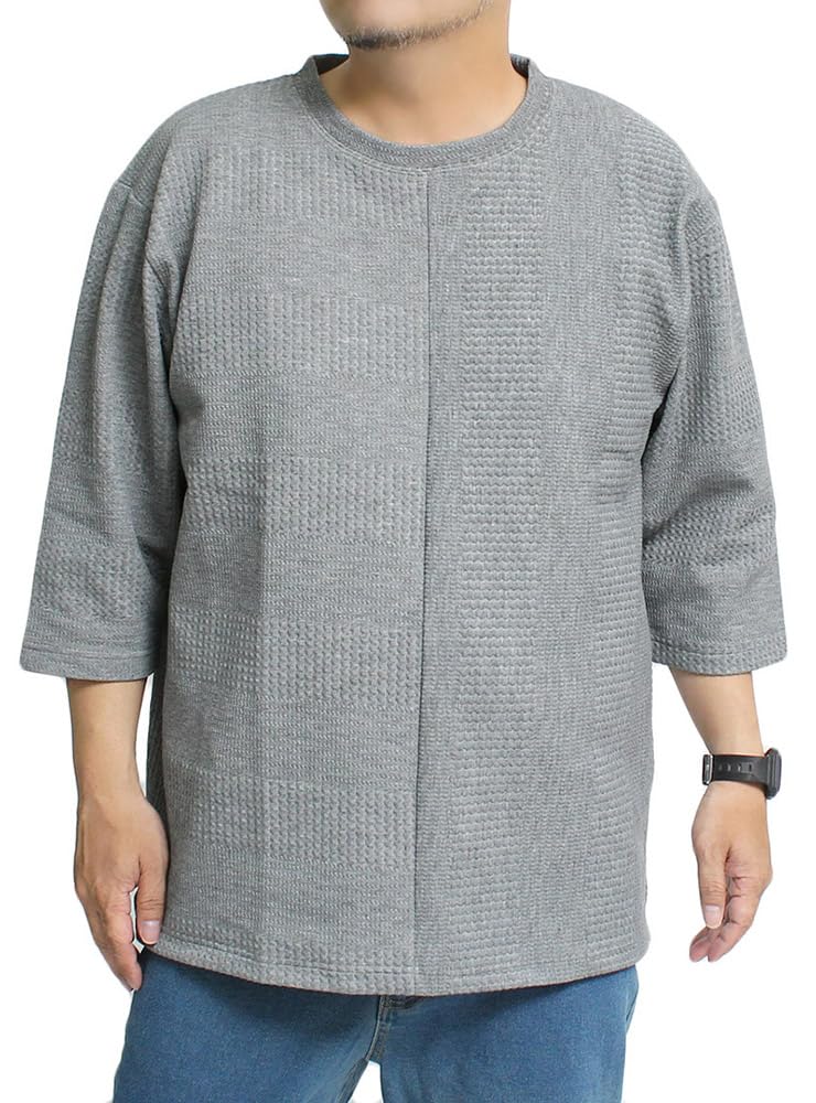 

One Colors Men s 3/4 Sleeve T-Shirt, Solid Color, Jacquard Herringbone Design, Stretch Crew Neck, Size 2L, Gray (Jacquard)