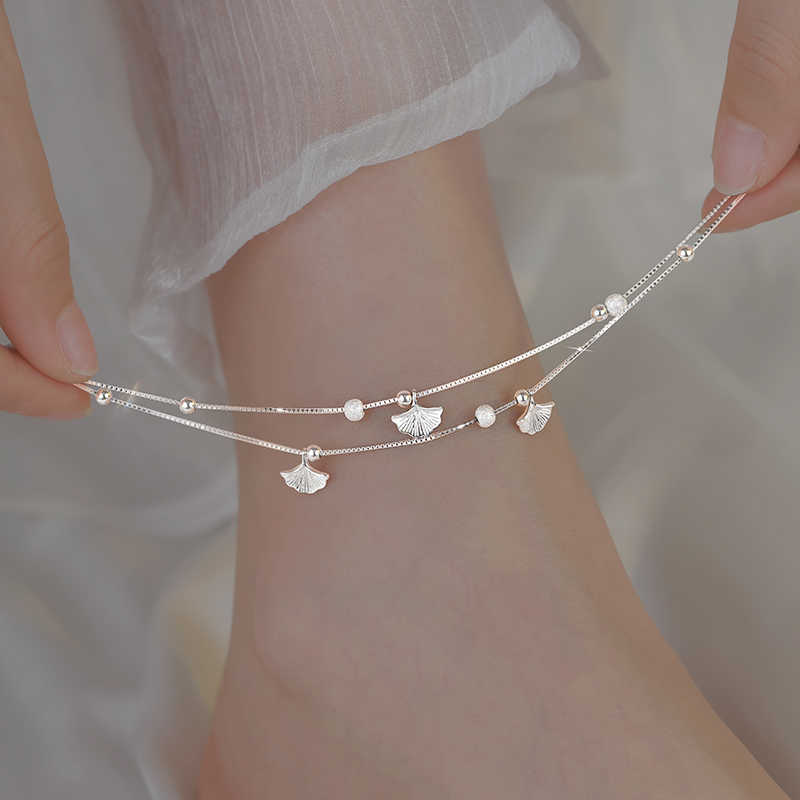 Double Layer Ginkgo Leaf Anklet For Women Vintage Minimalist High-End Small Trendy Fashion Versatile Foot Jewelry