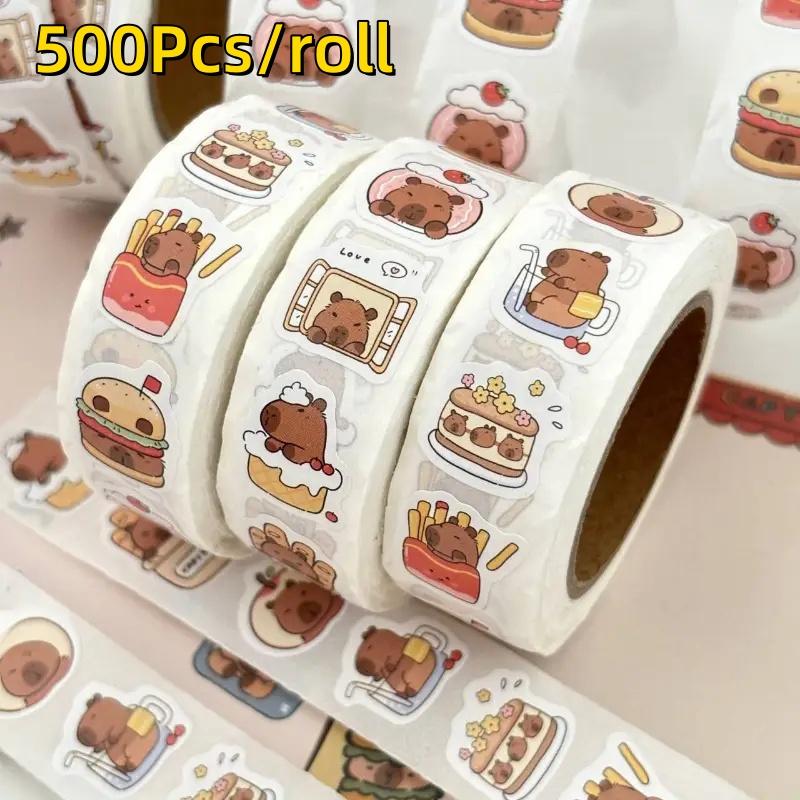 

500Pcs Capybara Stickers Roll Waterproof PVC Self-Adhesive Decals Cute Animal & Food-Themed Perfect for Laptops Scrapbook Phones