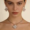 Gold Plated Iced Out Four Leaf Clover Necklace Earrings Set for Women, Luxury Full Pave CZ Quatrefoil Pendant Statement Jewelry,