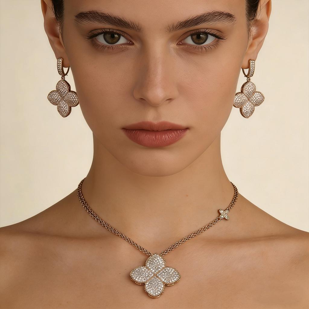 Gold Plated Iced Out Four Leaf Clover Necklace Earrings Set for Women, Luxury Full Pave CZ Quatrefoil Pendant Statement Jewelry,