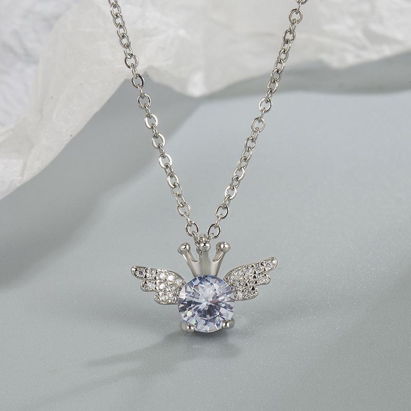 Exquisite S925 Sterling Silver Angel Wings Crown Pendant Necklace with Shiny Zircon and Rhinestones 6.5mm Zircon (Pendant)