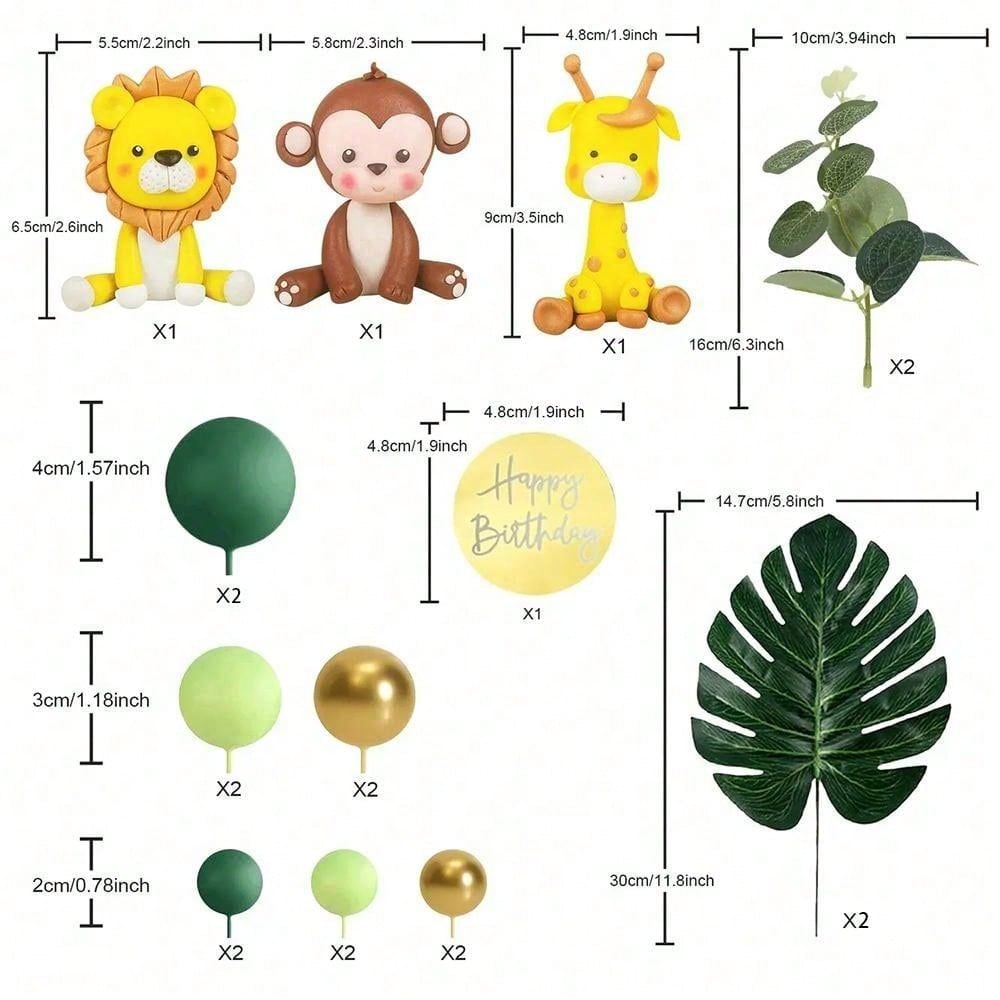 

20pcs/set Jungle Safari Animal Cake Topper With Colourful Balls Plam Leaves Cake Decoration for Wild Theme Birthday Party 20pcs