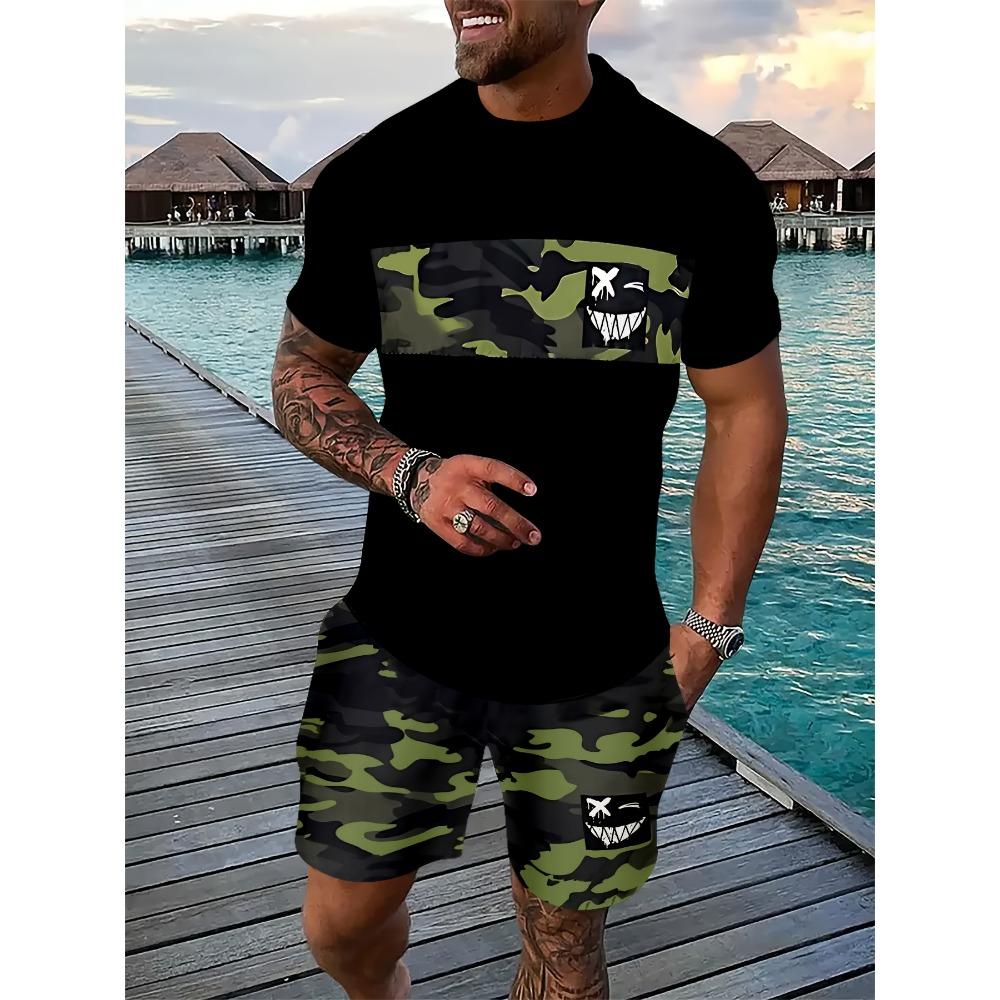 2026 Summer Arrival Men's Casual Two-Piece Set Striped Print Short-Sleeve Shirt and Athletic Shorts Set