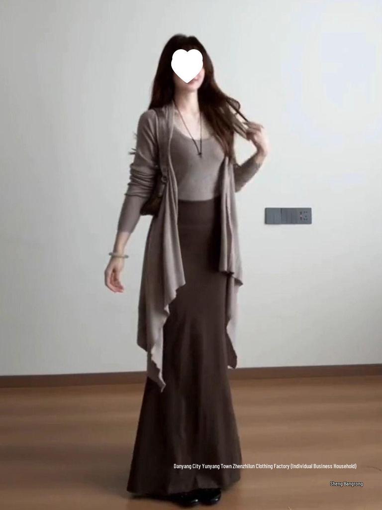 Relaxed Vintage Three-Piece Set: Cardigan, Tank Top & Midi Skirt