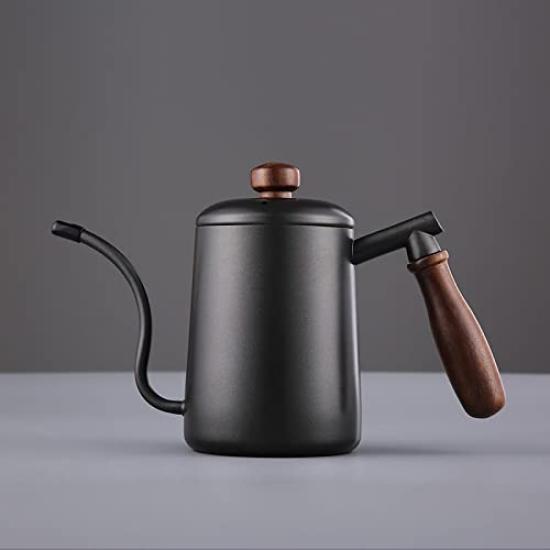FUN COFFEE Kanvica na kávu Otvorený oheň 550ml Drip Pot Drevená rukoväť Drip Kettle s vekom Nerezová oceľ Čierna (co-0024)