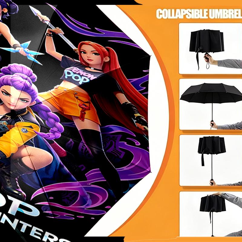 Ombrello KPop Demon Hunters con Stampa Apertura/Chiusura Automatica - Design Pieghevole Portatile - Uso Quotidiano per Viaggi/Outdoor - Regalo per Compleanno
