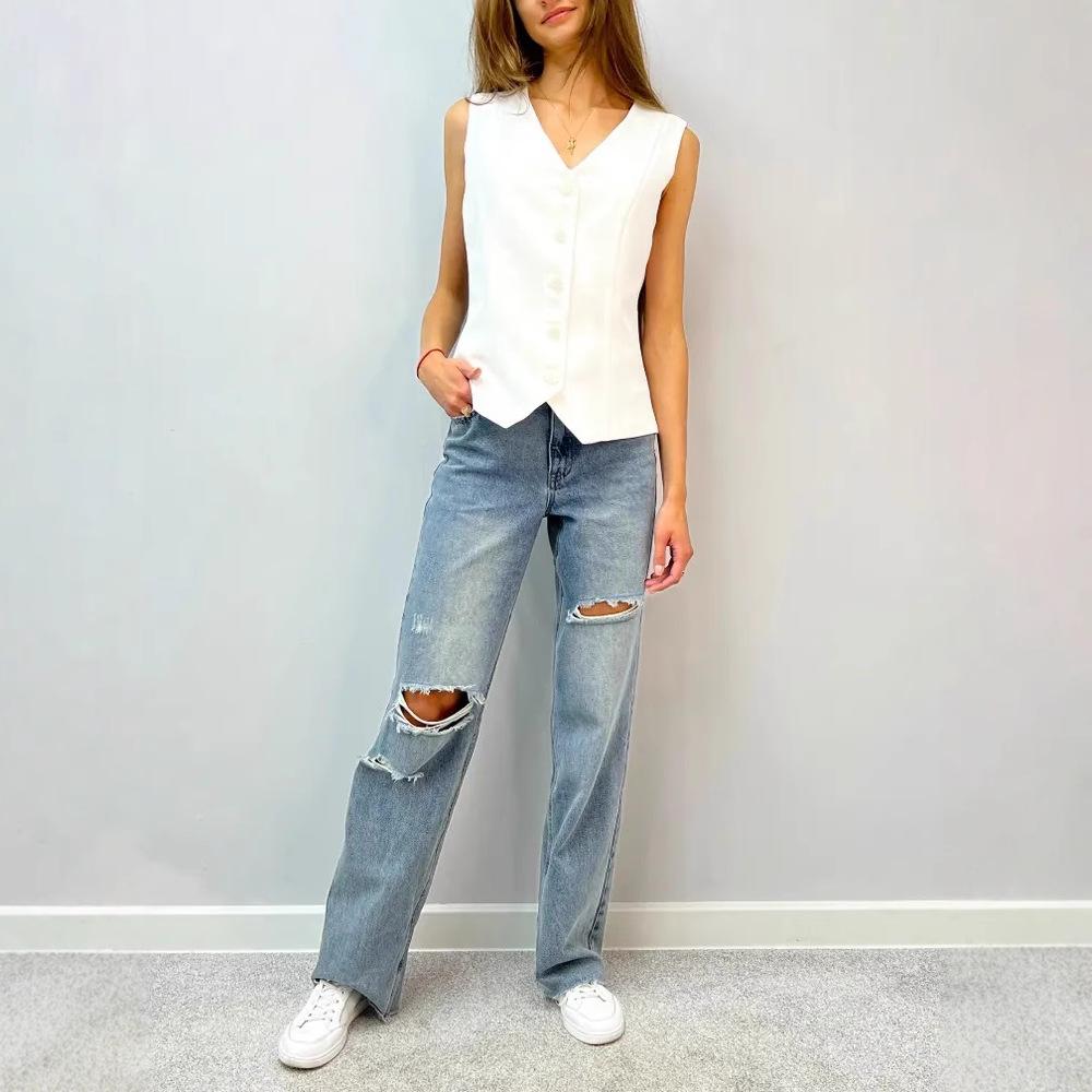 2025 Summer V-neck Sleeveless Cardigan Vest for Women - European & American Style