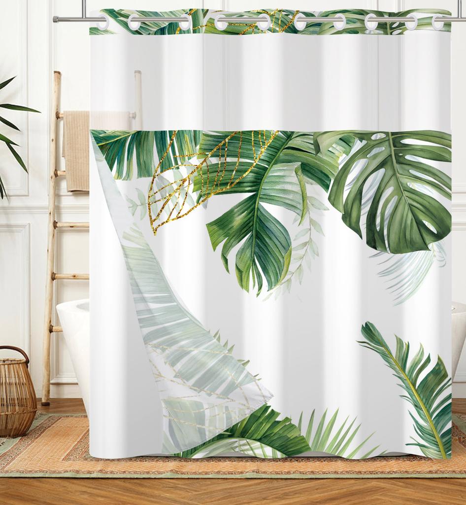 Hookless Double Layer Shower Curtain Waterproof Removable Lined Leaves Plants Flower Modern Bathroom Decorative Shower Curtains