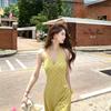 Yellow Plaid V-neck Halter Sundress for Women - Slimming & Stylish Summer Resort Dress